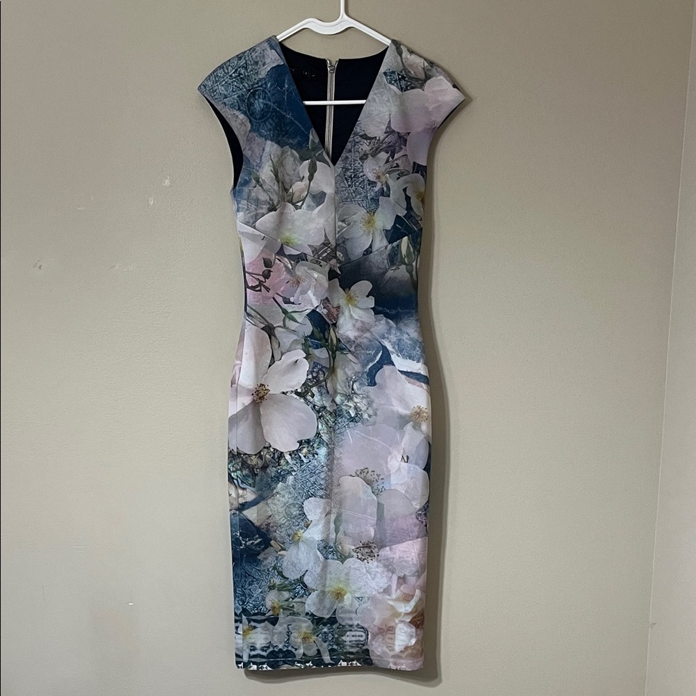 Ted Baker Blue and Pink Floral Midi Dress